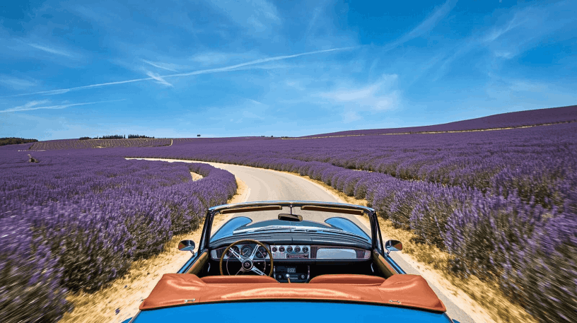 Mit dem Cabrio durch die Lavendelfelder. (Canva KI).