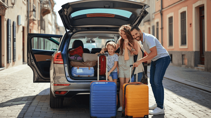 Familie mit Koffern am eigenen Mietwagen. (Canva KI).